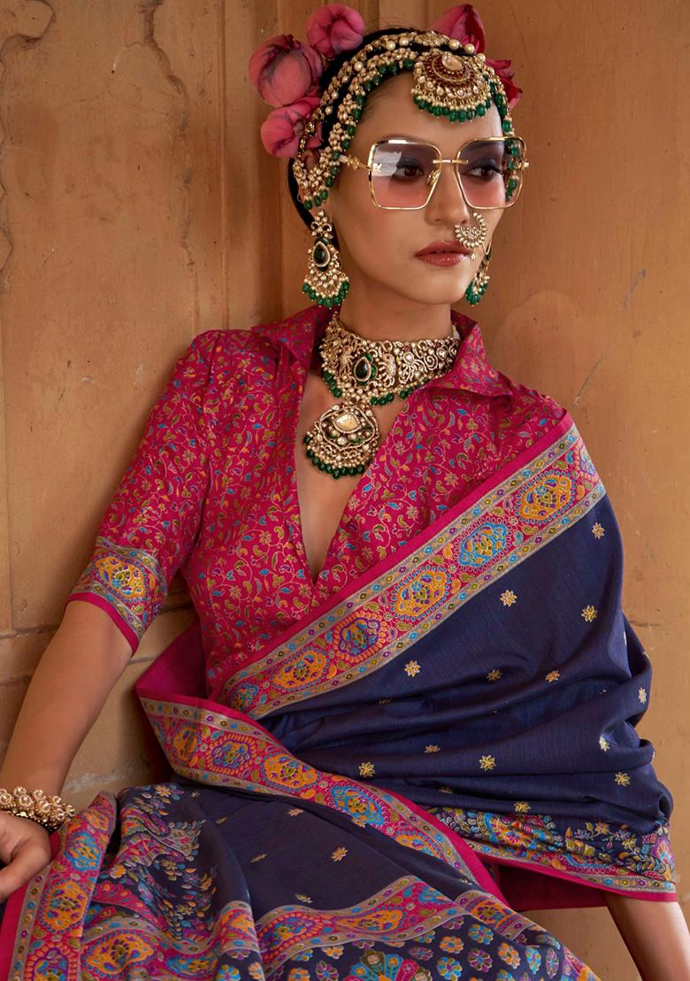 Blue Embroidered Silk Saree Set - Indya